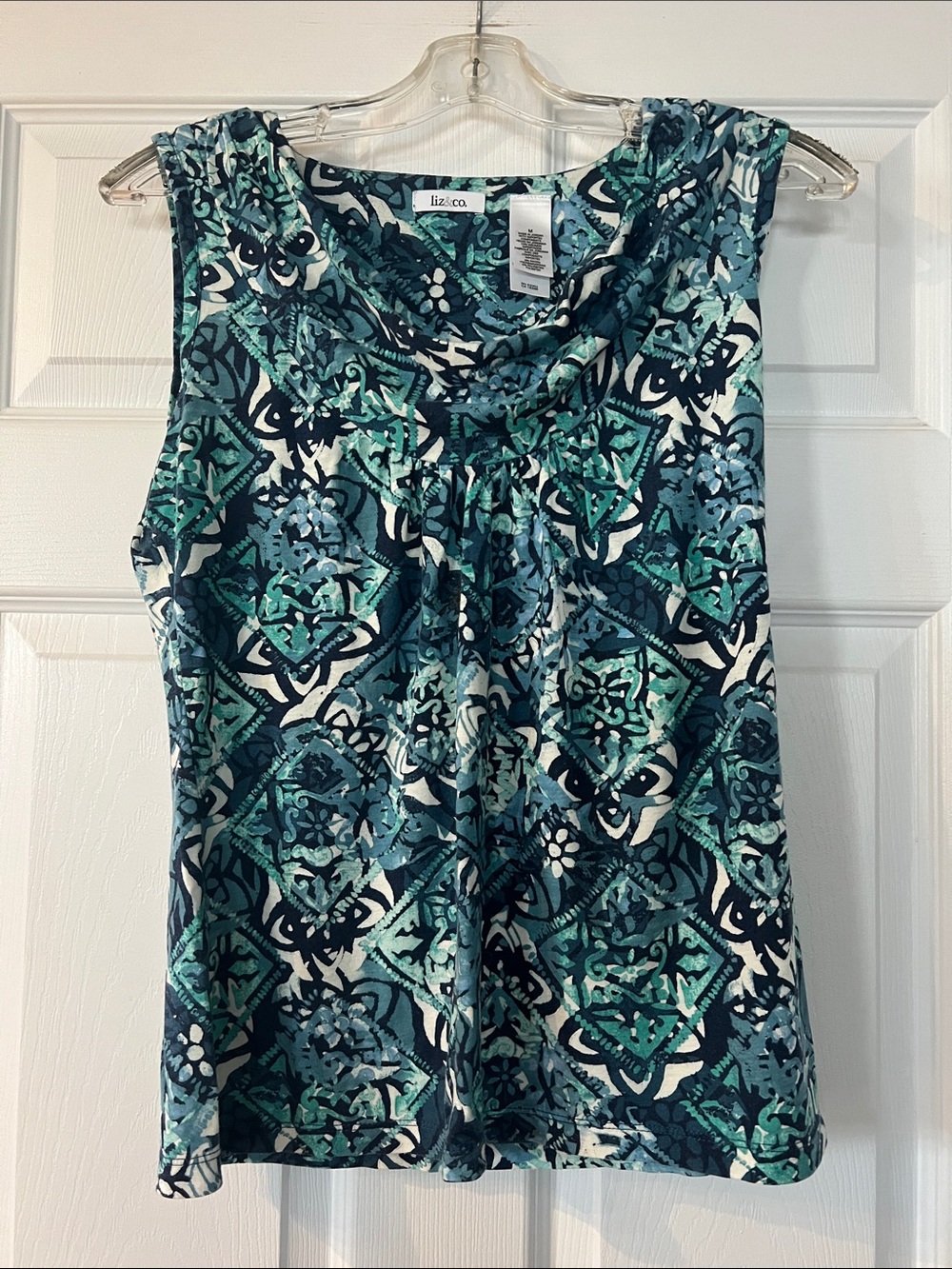 liz & co. Teal and Navy Patterned Sleeveless Cowl Neck Top